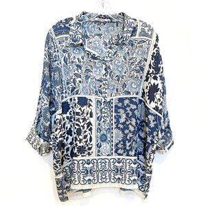 Johnny Was Blue & Ivory Silk Tunic Button-down Top/Tunic XS Like New
